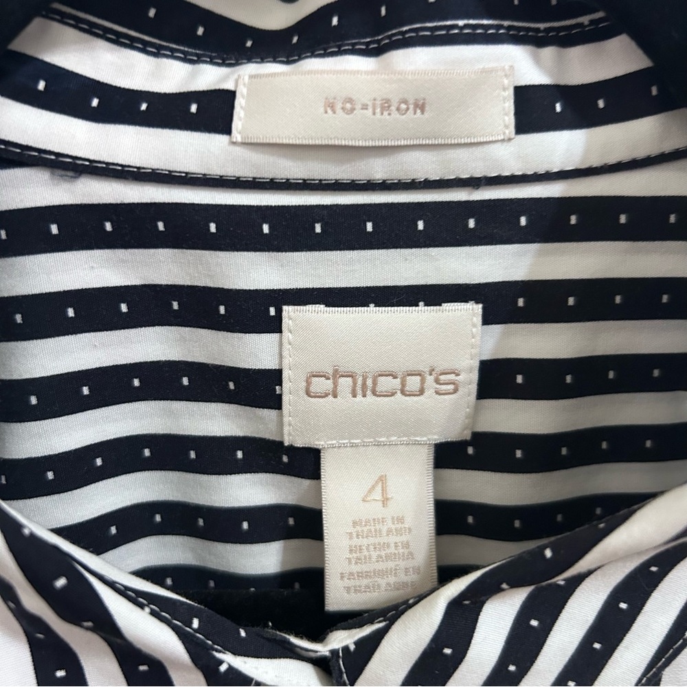 Chico’s 3/4 Sleeve Black White Stripe Dot Oxford Button Shirt Top Sz 4 XXL - Picture 6 of 7
